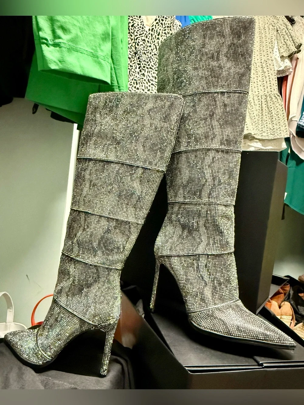 Steve Madden Silver Crystal-Embellished Stiletto Boots